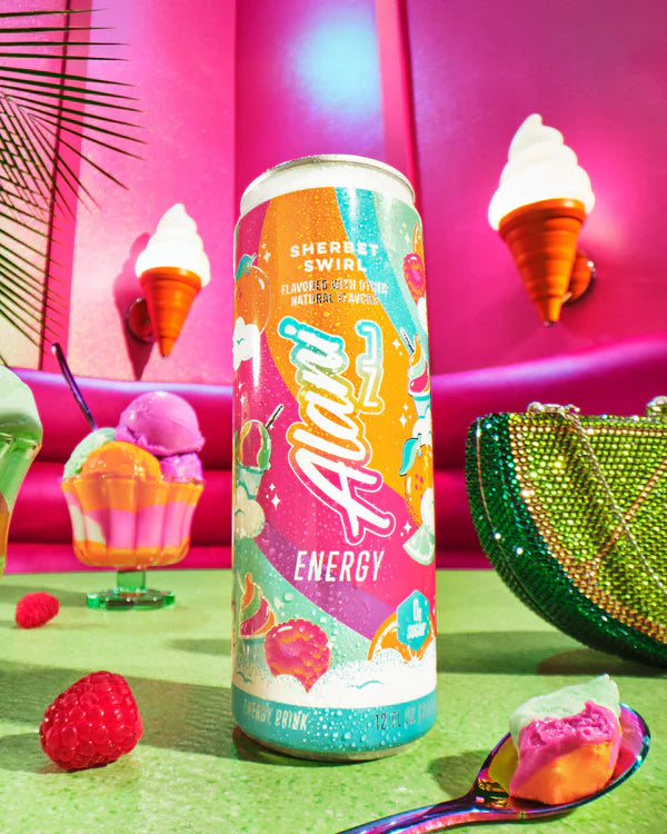 Alani Nu Sherbet Swirl Energy Drink lifestyle photo — sugar-free 12 pack