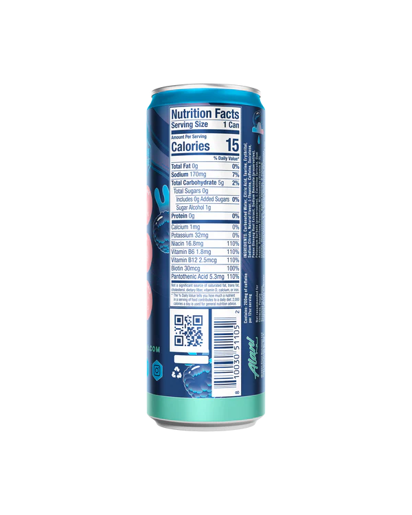 Alani Nu Breezeberry Energy Drink back label — nutrition facts, 10 calories, B-vitamins