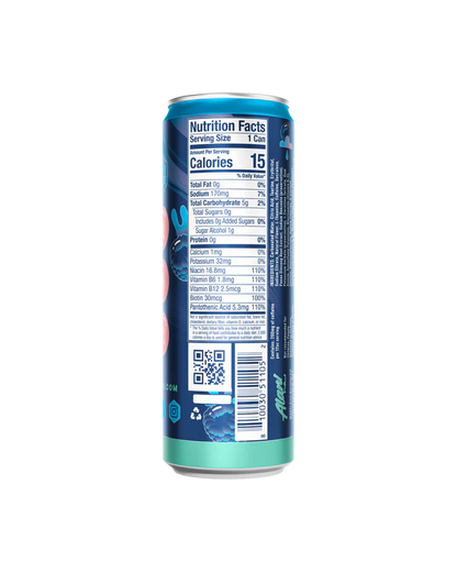 Alani Nu Breezeberry Energy Drink back label — nutrition facts, 10 calories, B-vitamins