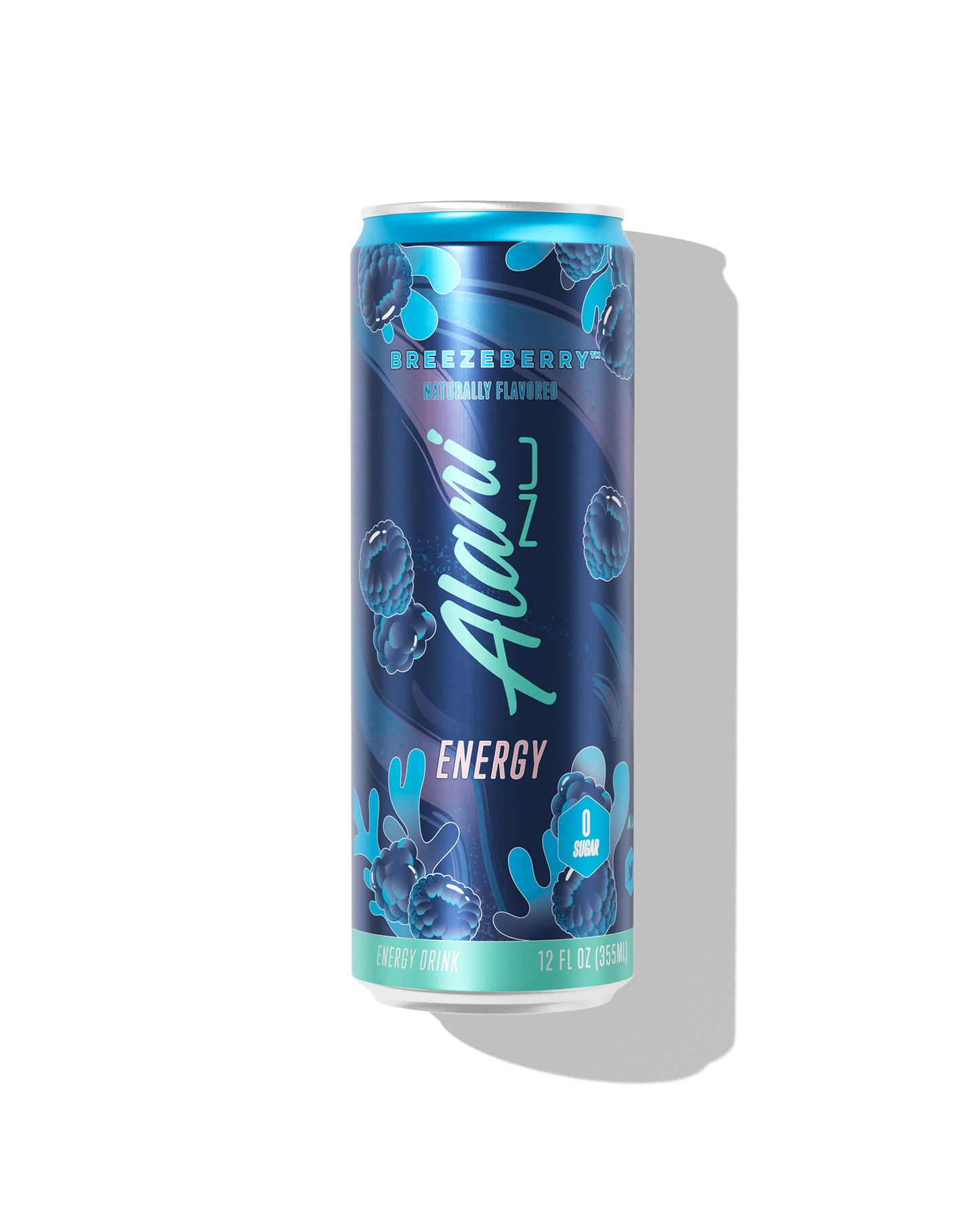 Alani Nu Breezeberry Energy Drink 12 fl oz can front — blue raspberry citrus, 200mg caffeine, 0g sugar