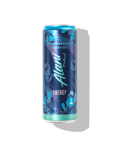Alani Nu Breezeberry Energy Drink 12 fl oz can front — blue raspberry citrus, 200mg caffeine, 0g sugar