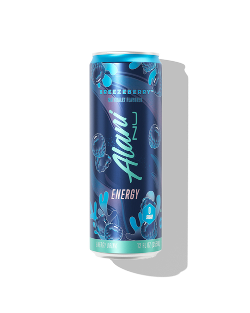 Alani Nu Breezeberry Energy Drink 12 fl oz can front — blue raspberry citrus, 200mg caffeine, 0g sugar