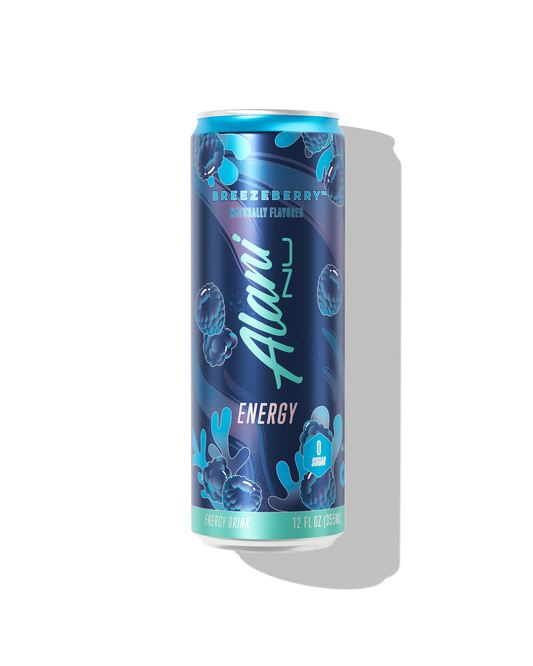 Alani Nu Breezeberry Energy Drink 12 fl oz can front — blue raspberry citrus, 200mg caffeine, 0g sugar