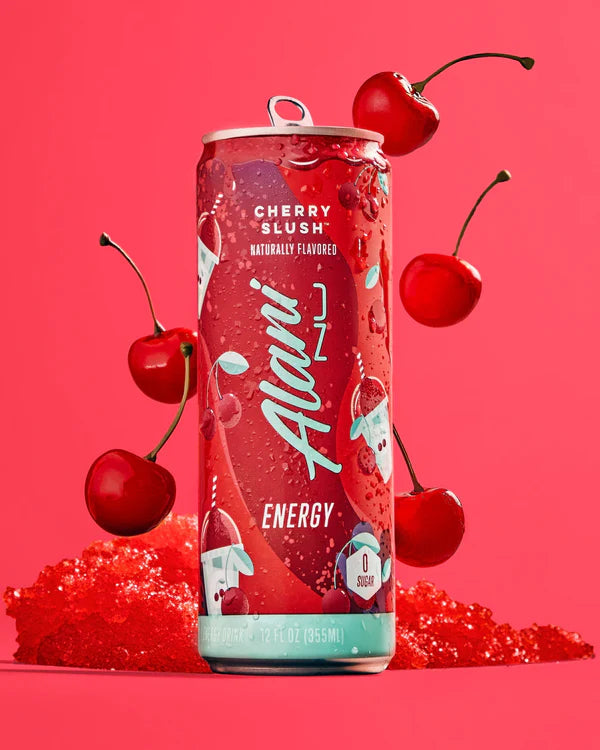 Alani Nu Cherry Slush Energy Drink lifestyle photo — sugar-free 12 pack
