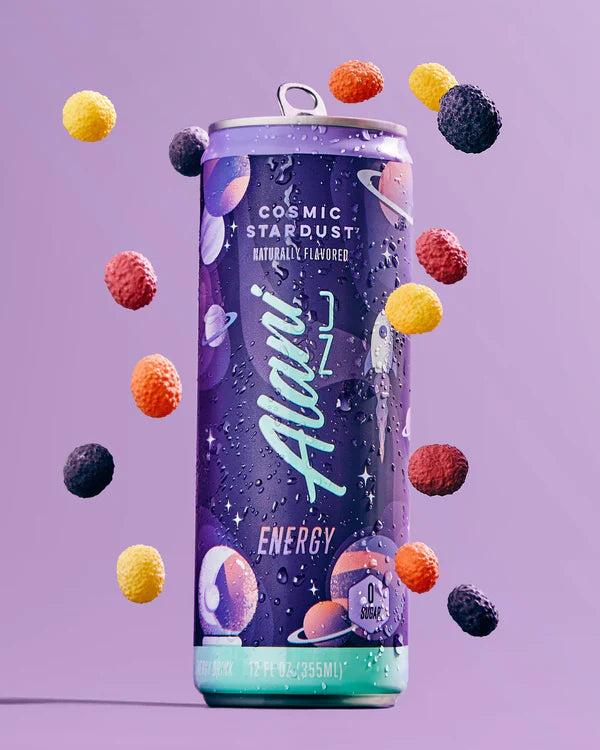 Alani Nu Cosmic Stardust Energy Drink lifestyle photo — sugar-free 12 pack