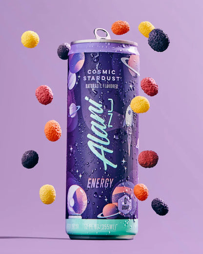 Alani Nu Cosmic Stardust Energy Drink lifestyle photo — sugar-free 12 pack