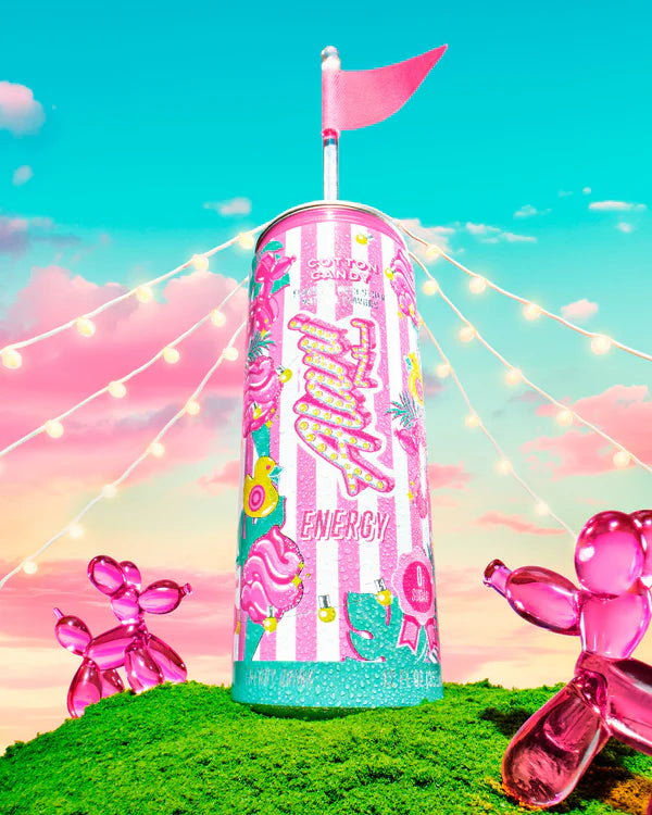 Alani Nu Cotton Candy Energy Drink lifestyle photo — sugar-free 12 pack