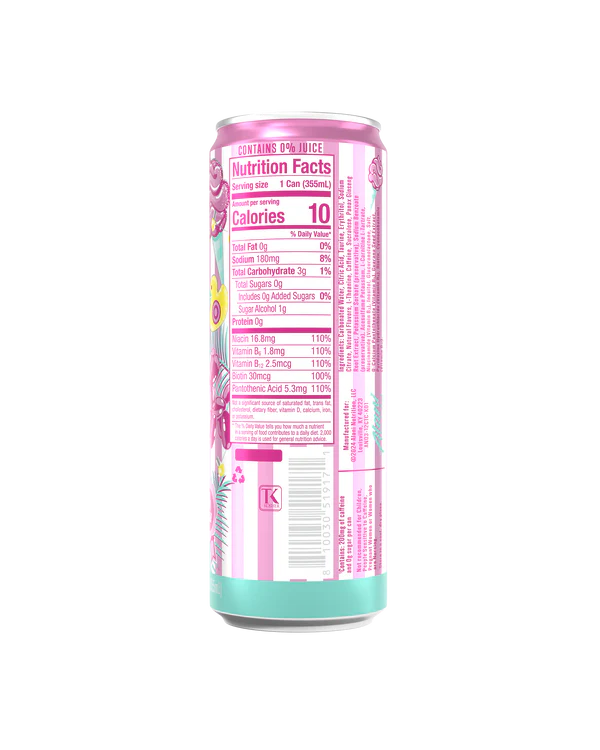 Alani Nu Cotton Candy Energy Drink back label — nutrition facts, 10 calories, B-vitamins
