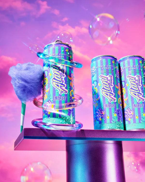 Alani Nu Purple Cotton Candy Energy Drink lifestyle photo — sugar-free 12 pack