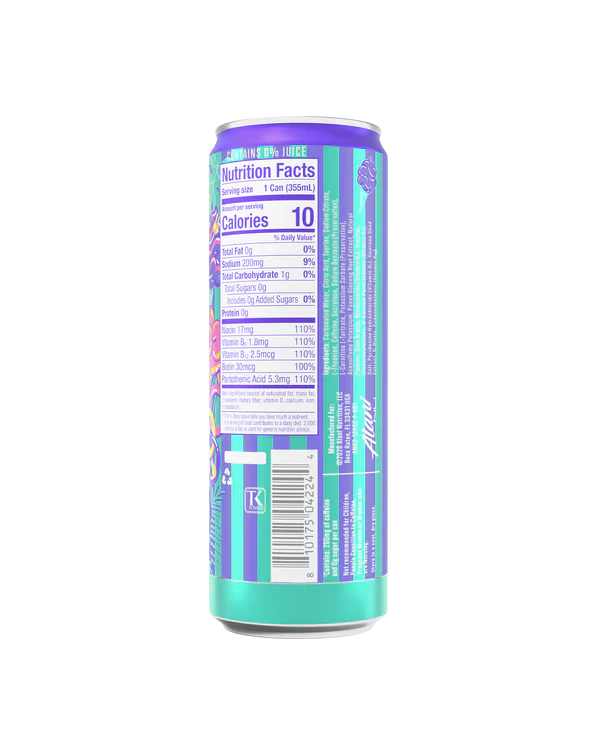 Alani Nu Purple Cotton Candy Energy Drink back label — nutrition facts, 10 calories