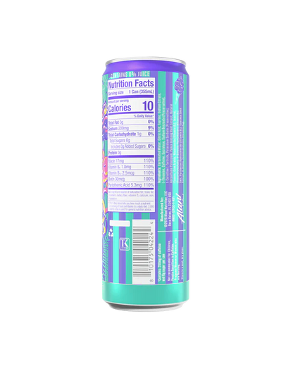 Alani Nu Purple Cotton Candy Energy Drink back label — nutrition facts, 10 calories