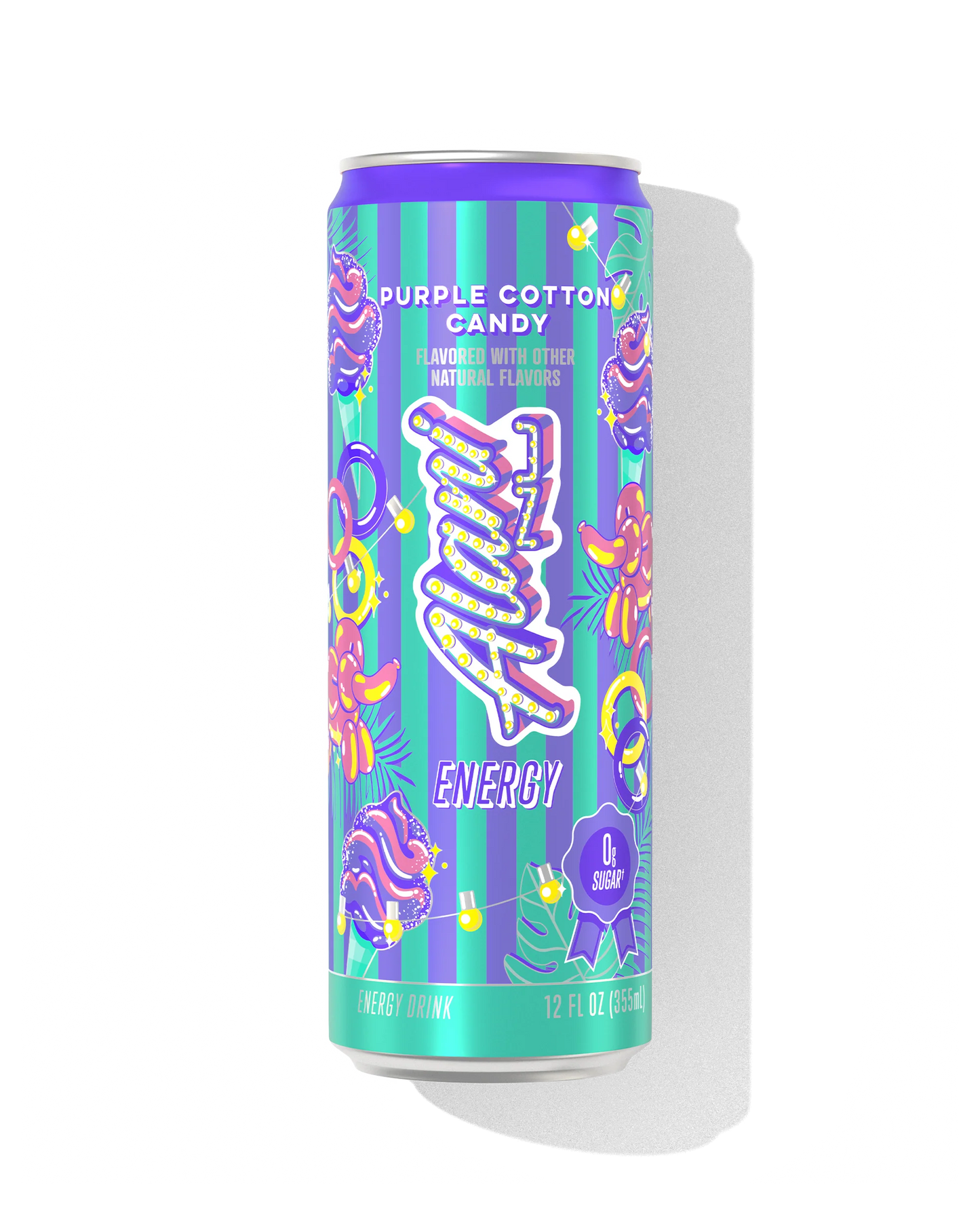 Alani Nu Purple Cotton Candy Energy Drink 12 fl oz can front — grape berry cotton candy, 200mg caffeine, 0g sugar