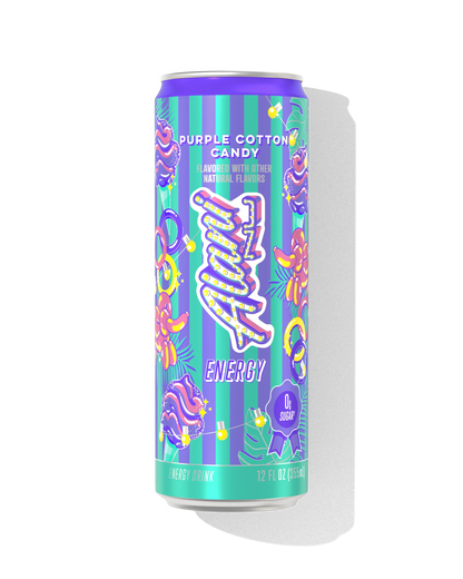 Alani Nu Purple Cotton Candy Energy Drink 12 fl oz can front — grape berry cotton candy, 200mg caffeine, 0g sugar
