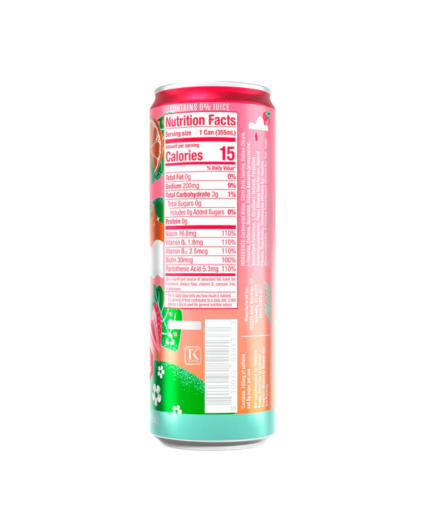 Alani Nu Strawberry Sunrise Energy Drink back label — nutrition facts, 10 calories