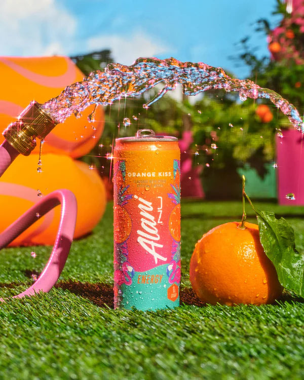 Alani Nu Orange Kiss Energy Drink lifestyle photo — creamsicle sugar-free 12 pack