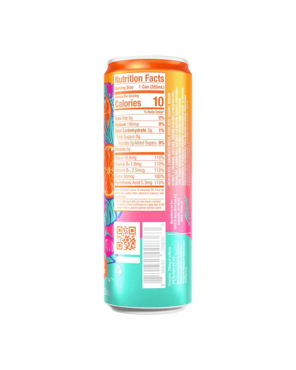 Alani Nu Orange Kiss Energy Drink back label — nutrition facts, 10 calories, B-vitamins