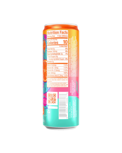 Alani Nu Orange Kiss Energy Drink back label — nutrition facts, 10 calories, B-vitamins