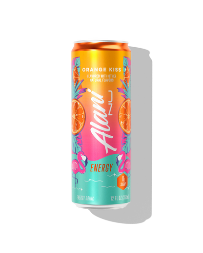 Alani Nu Orange Kiss Energy Drink 12 fl oz can front — orange creamsicle, 200mg caffeine, 0g sugar