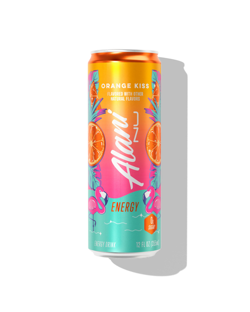 Alani Nu Orange Kiss Energy Drink 12 fl oz can front — orange creamsicle, 200mg caffeine, 0g sugar