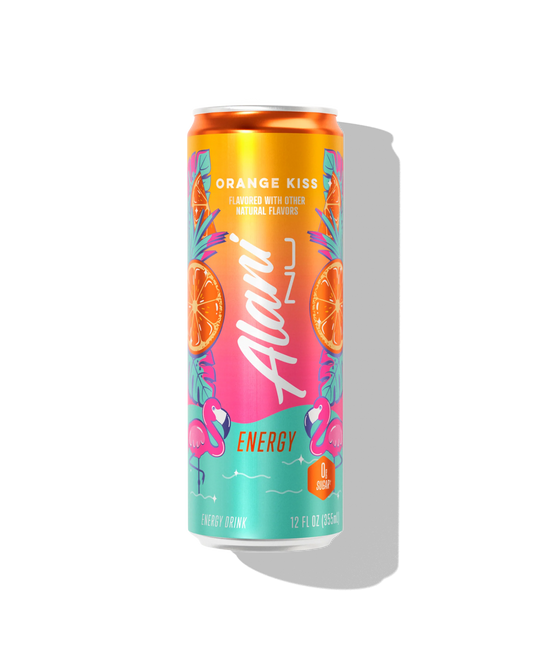 Alani Nu Orange Kiss Energy Drink 12 fl oz can front — orange creamsicle, 200mg caffeine, 0g sugar