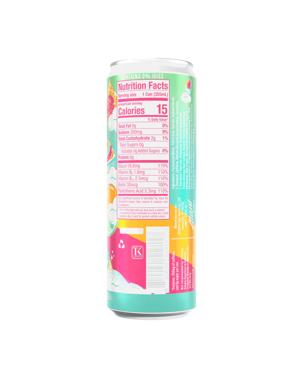 Alani Nu Sherbet Swirl Energy Drink back label — nutrition facts, 10 calories