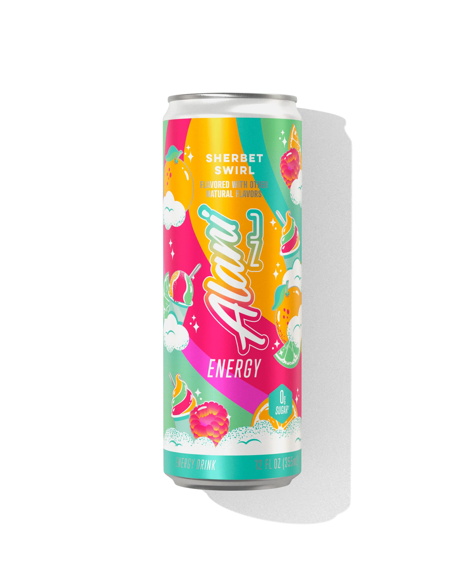 Alani Nu Sherbet Swirl Energy Drink 12 fl oz can front — orange lime raspberry, 200mg caffeine
