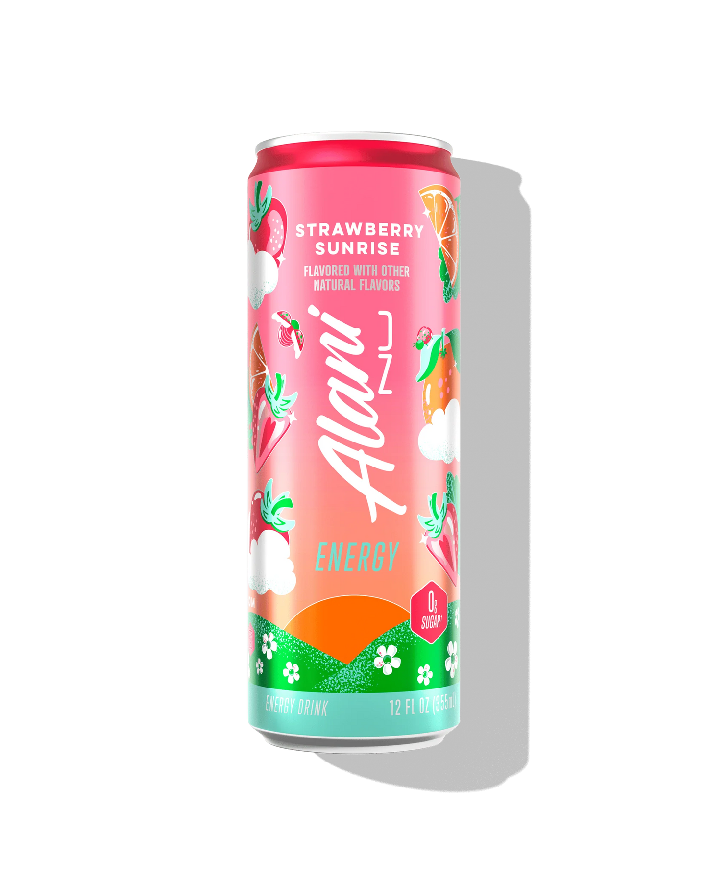 Alani Nu Strawberry Sunrise Energy Drink 12 fl oz can front — pink label, 200mg caffeine, 0g sugar
