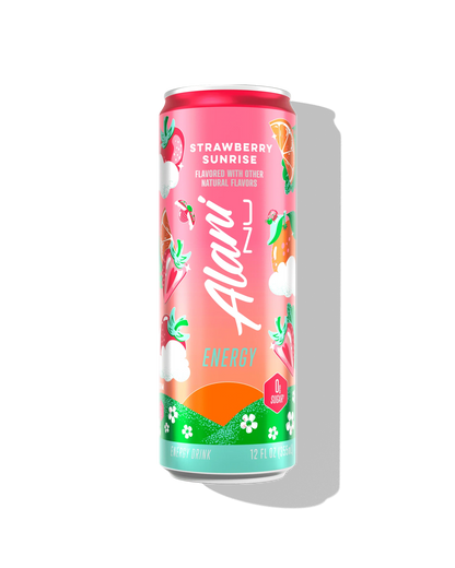 Alani Nu Strawberry Sunrise Energy Drink 12 fl oz can front — pink label, 200mg caffeine, 0g sugar