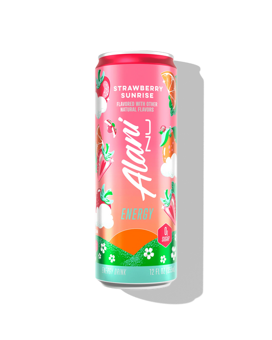 Alani Nu Strawberry Sunrise Energy Drink 12 fl oz can front — pink label, 200mg caffeine, 0g sugar