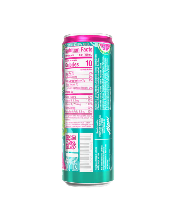 Alani Nu Watermelon Wave by Megan Moroney Energy Drink back label — nutrition facts, 10 calories