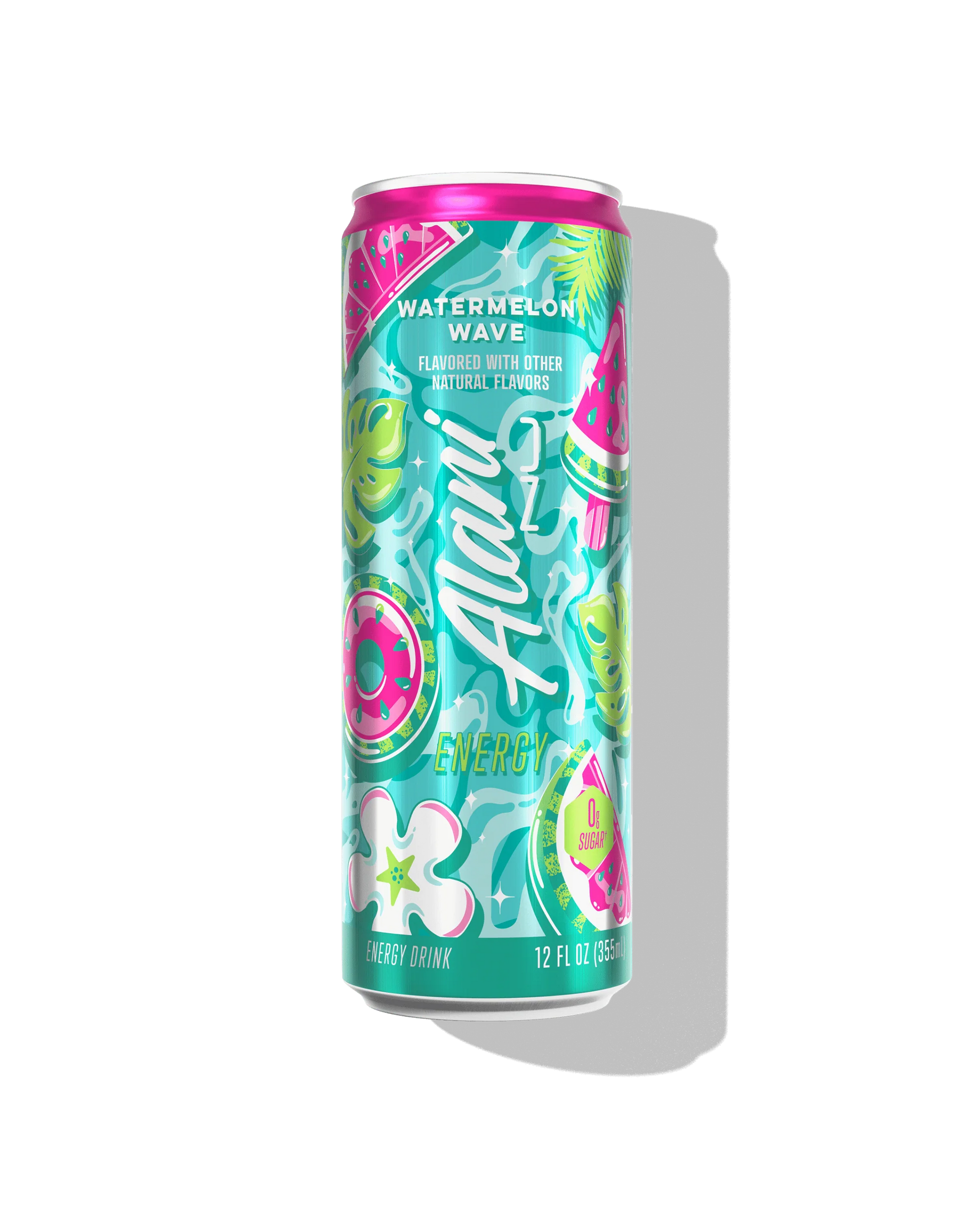 Alani Nu Watermelon Wave by Megan Moroney Energy Drink 12 fl oz can front — watermelon, 200mg caffeine, 0g sugar