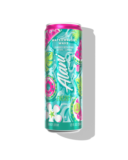 Alani Nu Watermelon Wave by Megan Moroney Energy Drink 12 fl oz can front — watermelon, 200mg caffeine, 0g sugar