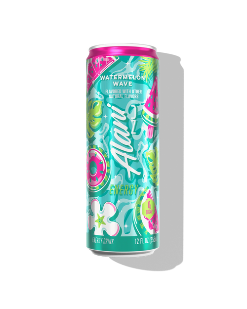 Alani Nu Watermelon Wave by Megan Moroney Energy Drink 12 fl oz can front — watermelon, 200mg caffeine, 0g sugar