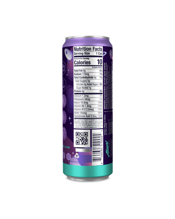 Alani Nu Cosmic Stardust Energy Drink back label — nutrition facts, 10 calories