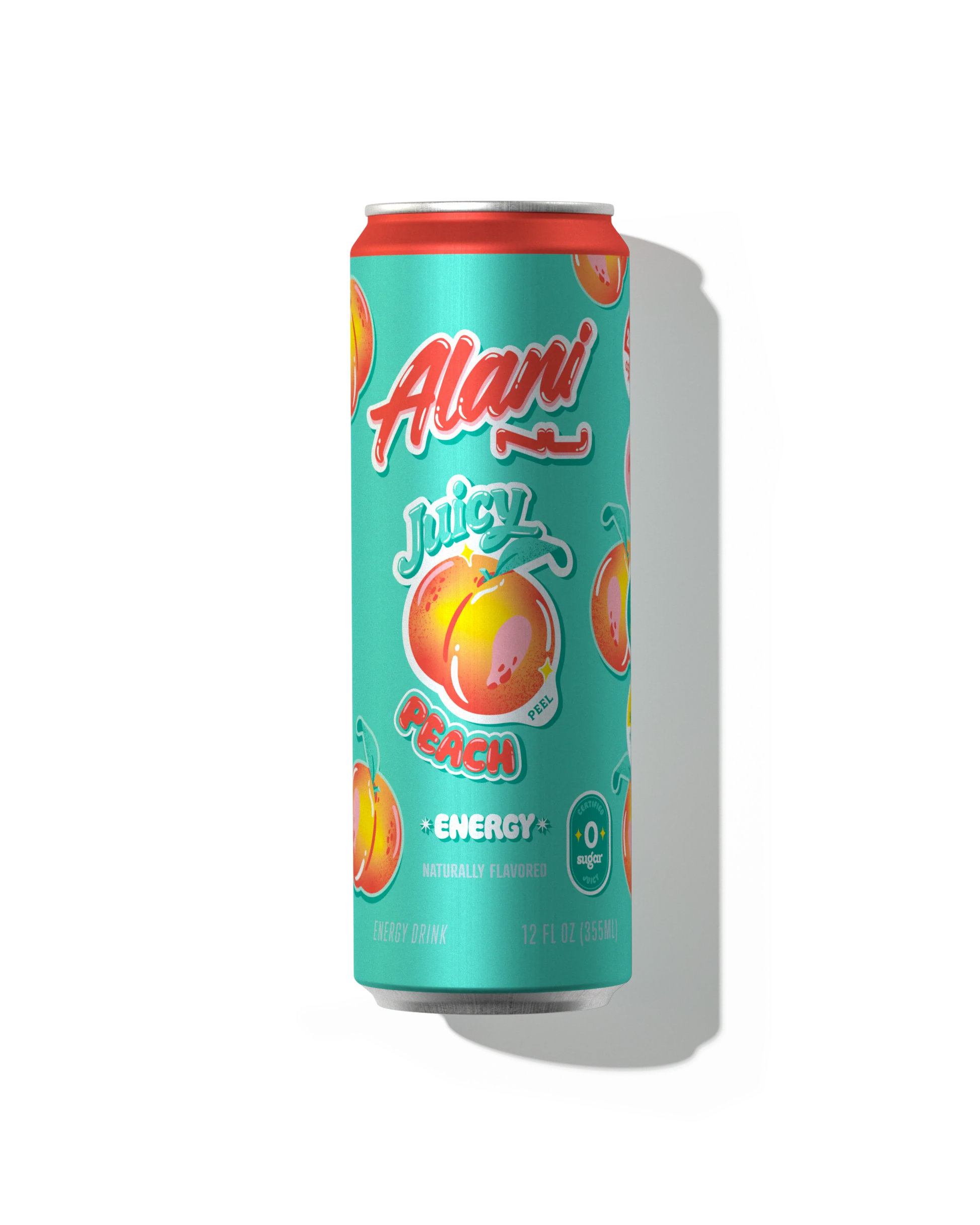 Alani Nu Juicy Peach Energy Drink 12 fl oz can front — ripe peach, 200mg caffeine, 0g sugar