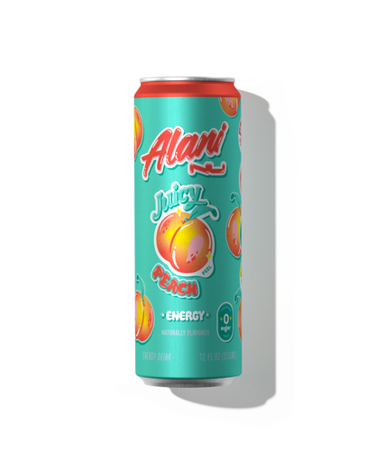 Alani Nu Juicy Peach Energy Drink 12 fl oz can front — ripe peach, 200mg caffeine, 0g sugar