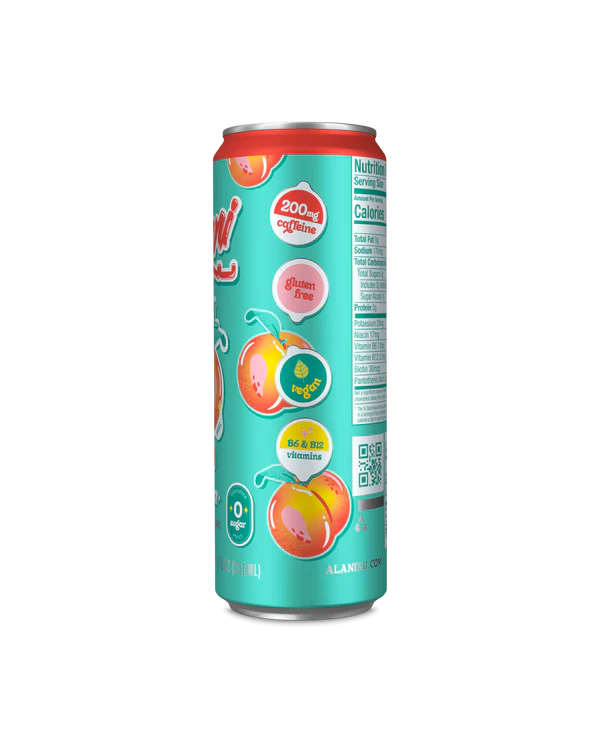 Alani Nu Juicy Peach Energy Drink 12 fl oz can side view