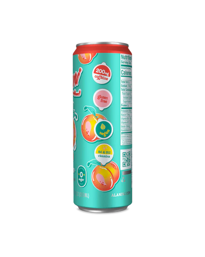 Alani Nu Juicy Peach Energy Drink 12 fl oz can side view