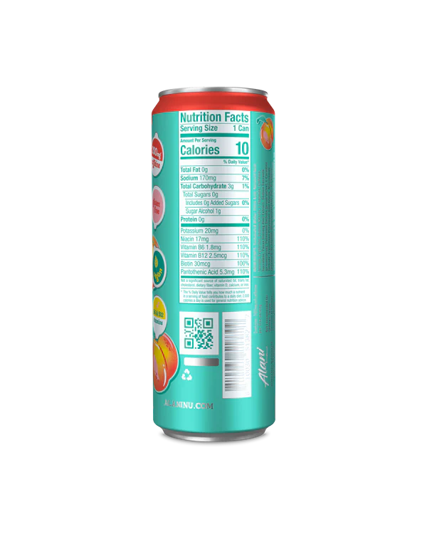 Alani Nu Juicy Peach Energy Drink back label — nutrition facts, 10 calories