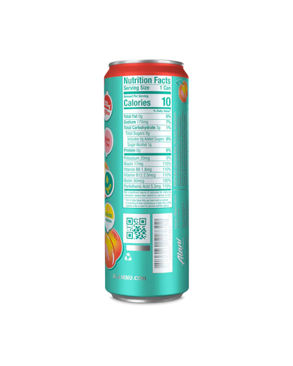 Alani Nu Juicy Peach Energy Drink back label — nutrition facts, 10 calories