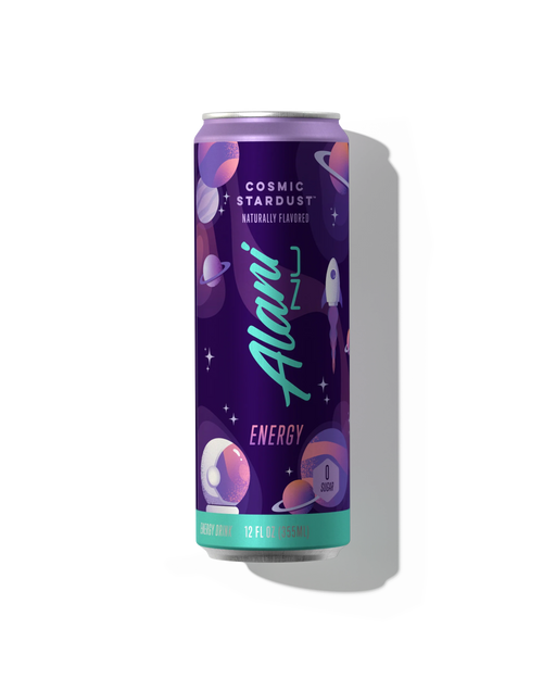 Alani Nu Cosmic Stardust Energy Drink 12 fl oz can front — cotton candy galaxy, 200mg caffeine, 0g sugar
