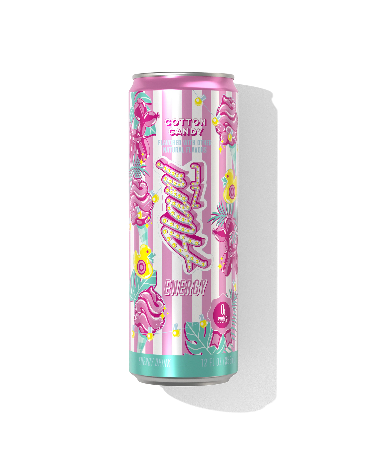 Alani Nu Cotton Candy Energy Drink 12 fl oz can front — pink label, 200mg caffeine, 0g sugar