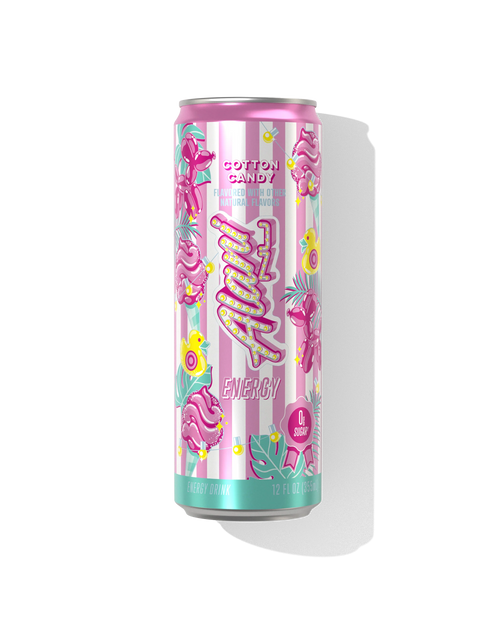 Alani Nu Cotton Candy Energy Drink 12 fl oz can front — pink label, 200mg caffeine, 0g sugar