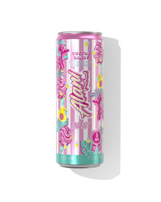 Alani Nu Cotton Candy Energy Drink 12 fl oz can front — pink label, 200mg caffeine, 0g sugar