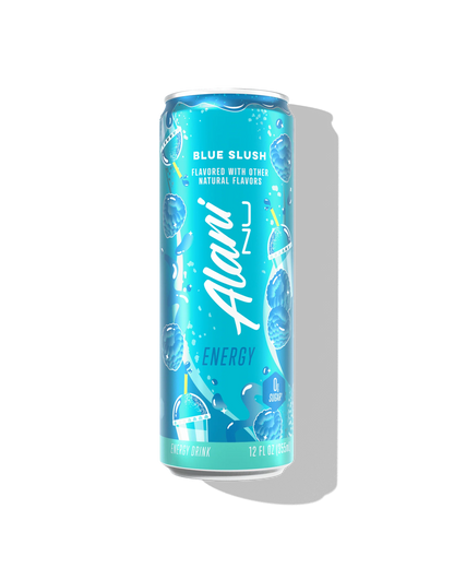 Alani Nu Blue Slush by Whitney Simmons Energy Drink 12 fl oz can front — blue raspberry, 200mg caffeine