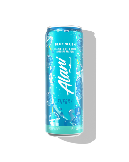 Alani Nu Blue Slush by Whitney Simmons Energy Drink 12 fl oz can front — blue raspberry, 200mg caffeine