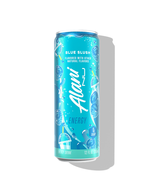 Alani Nu Blue Slush by Whitney Simmons Energy Drink 12 fl oz can front — blue raspberry, 200mg caffeine